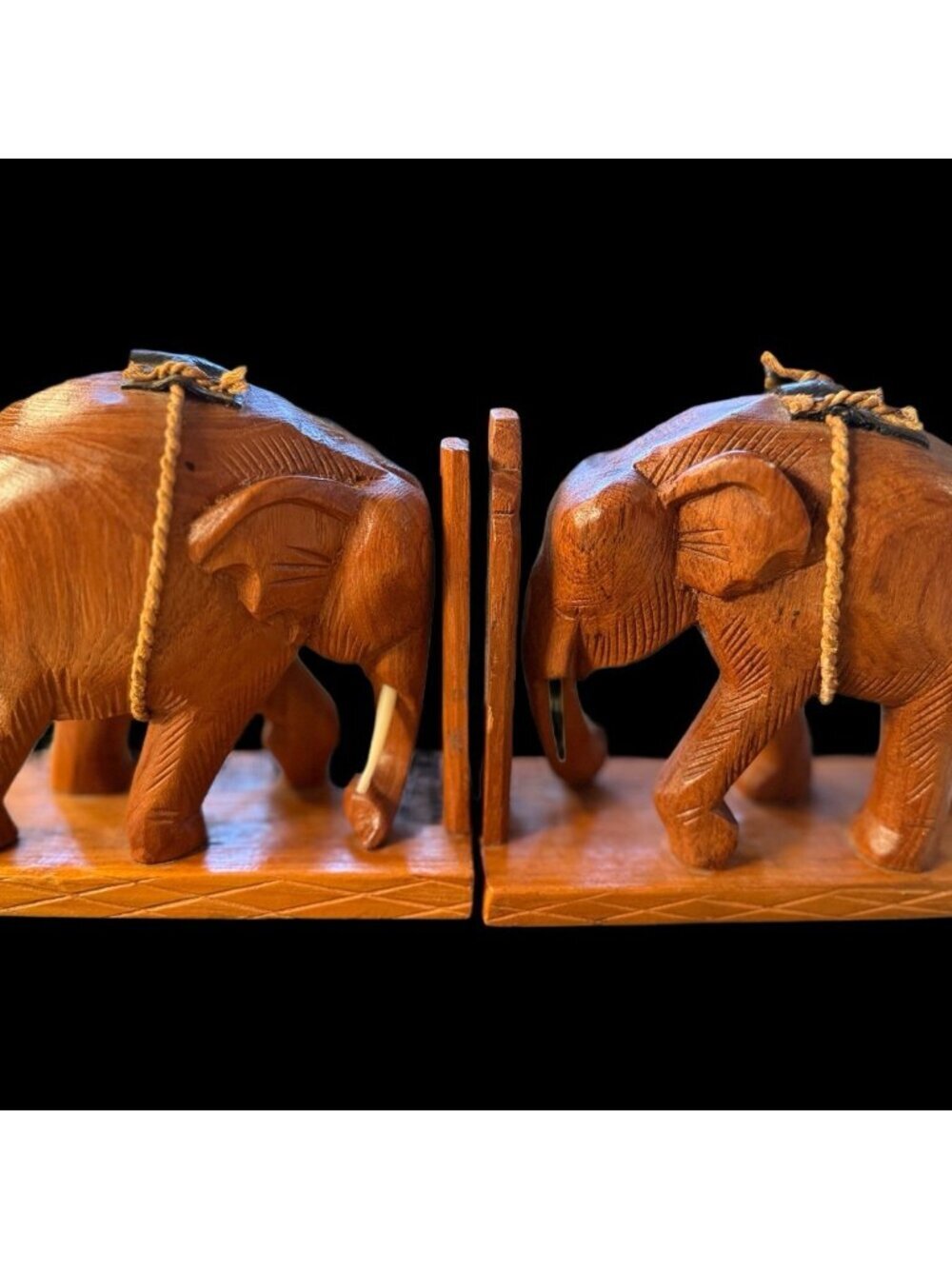 VINTAGE Artisan Carved WOOD Elephant Bookends